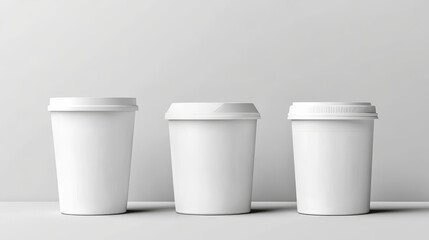 White yogurt cup and bottle mockup. Realistic 3d vector illustration set of plastic package and container for dairy products with lid and foil top. Blank template of milky goods pot packaging.