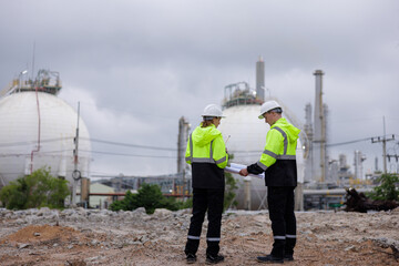 Petrochemical engineers teamwork working together at petroleum oil refinery industry area.