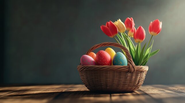 easter, holidays, tradition and object concept - close up of colored easter eggs in basket and tulip flowers on wooden table with copy space