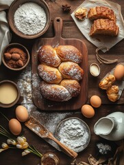 A top view of freshly baked traditional Spanish Easter Torrijas and ingredients on the table