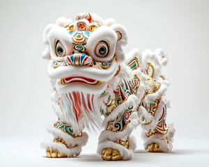 A cheerful cartoon Chinese lion dance features a white and gold color palette. The simple design and clean white background capture the festive spirit in a playful, vibrant style.