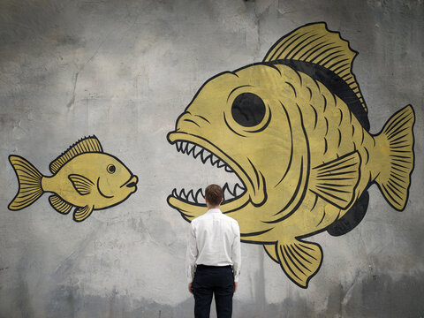 Man Observing Graffiti Depicting Large Fish Eating Smaller Fish - Merger & Acquisition - M&A