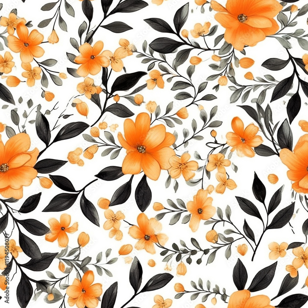 Poster abstract floral lino cuts of leaves and flowers designed in a random patter seamless pattern with fl