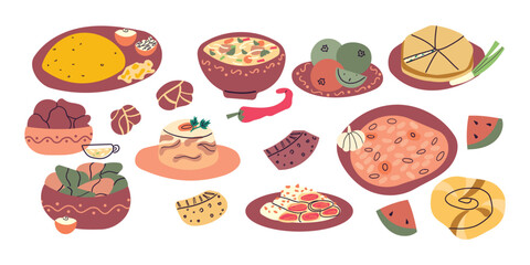 Moldavian national dish mamaliga, scrob egg, cottage cheese, sauce and zeama . Vector illustration doodle flat style traditional romanian and moldavian food.