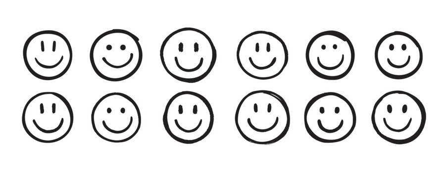 Naklejki Smile face Doodle sketch style icon set. Smiling face hand drawn, happy emotion concept.