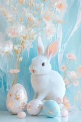 beautiful pastel color Easter day background with white rabbit, flowers and easter eggs, greeting card, vertical