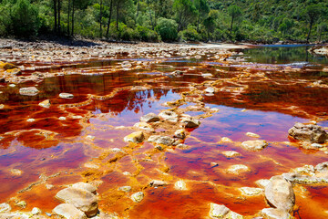 Rio Tinto river and iron mines. Red tinted river by copper, iron on the ground. Water used in life...