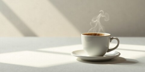 Obraz premium Aromatic Steam Rising From a Warm Cup of Coffee in Soft Sunlight on a Table