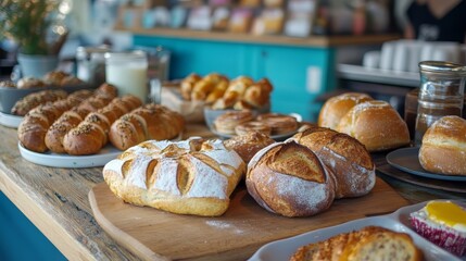 Assorted Freshly Baked Breads and Pastries on Wooden Counter