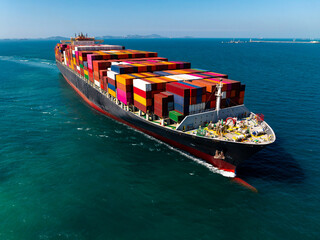 cargo logistic container ship sailing in sea, import export goods and distributing products to...