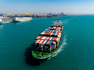 cargo logistic container ship sailing in sea, import export goods and distributing products to dealer and consumers across worldwide, container shiping service  concept.
