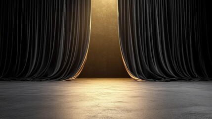 Theater Stage with Luxurious Black and Gold Velvet Curtains on Empty Background 