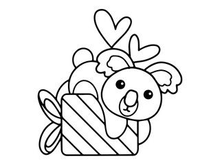 Valentine Day Koala Holding Gift Line Art
