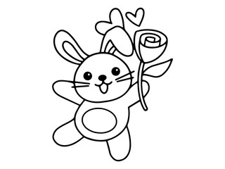 Valentine Day Rabbit Holding Rose Outline