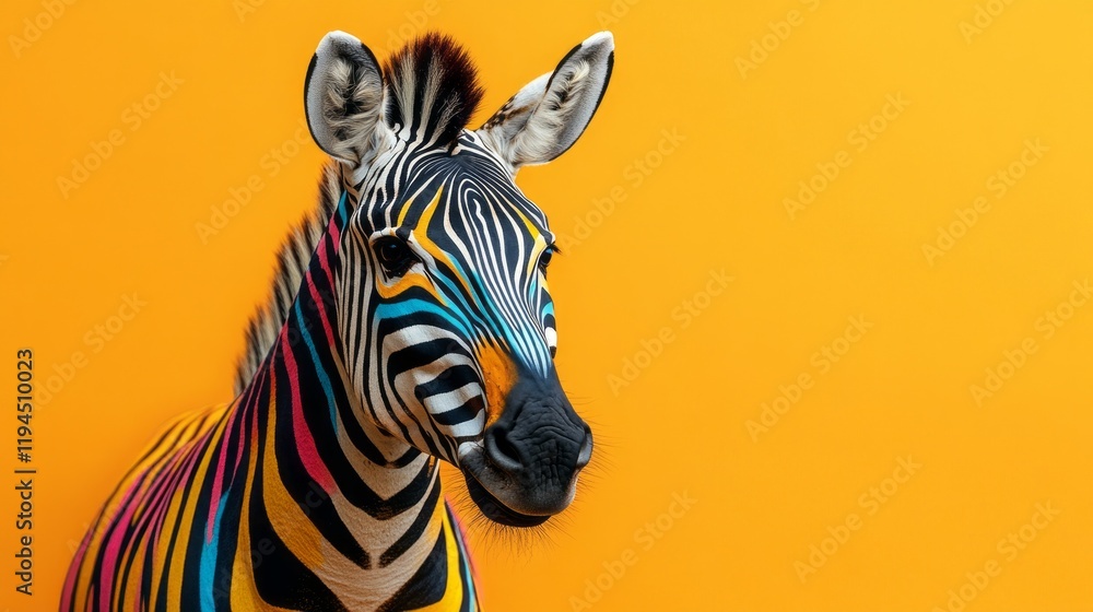 Poster a zebra stands striking against a vivid yellow backdrop, its traditionally black and white stripes u
