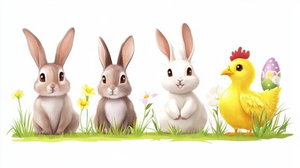Fototapeta premium Cartoon easter bunny. Rabbit hiding, bunnies with eggs and flowers. Cute springtime characters, hare painted and chicken. Seasonal holidays decent vector animals