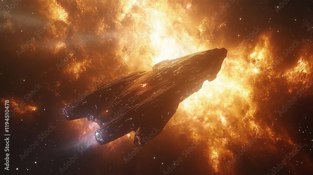 Poster spaceship navigating through a fiery explosion in deep space
