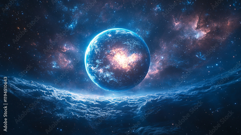 Poster cosmic view of a luminous planet surrounded by vibrant nebulae in deep space