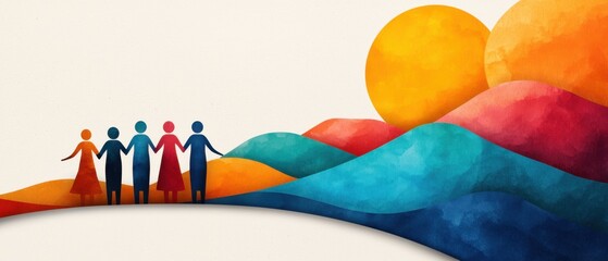 A vibrant illustration of diverse individuals standing together against a colorful landscape and sun, symbolizing unity and community.