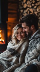 Fototapeta premium Cozy couple enjoying warmth by the fireplace.