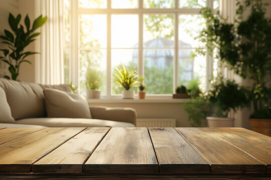 Empty wooden table in blurred living room background