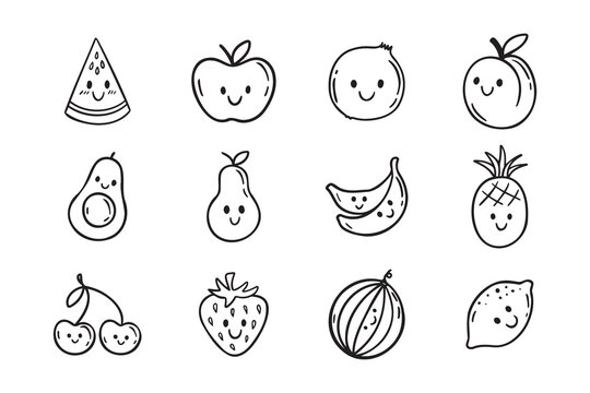 Fruits funny characters with a smile doodle hand drawn icon set. Different variable fruits happy smiling drawing clipart outline element.