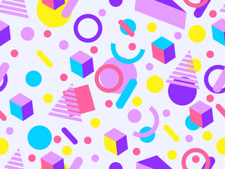 Geometric seamless pattern with memphis elements in 80s style. Colorful geometric 3D figures in isometric style. Design of promotional products, wrapping paper and printing. Vector illustration