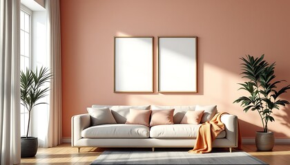 Fototapeta premium Modern living room interior design, peach wall, sunlight, sofa, plants