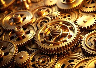 Architectural photography showcasing intricate machinery details; golden gears, precision engineering, surface textures.
