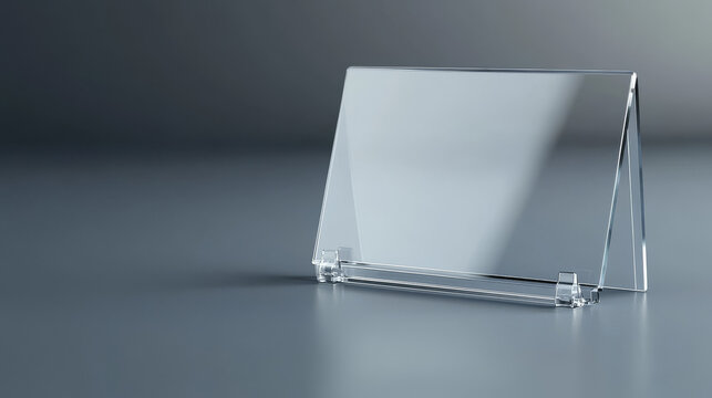 Table card holder, empty plastic name plate. Vector realistic mockup of transparent plexiglass stand for identification tag for events, clear acrylic frame for nameplate isolated on gray background