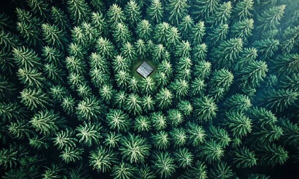 Aerial sweep over dense forest forming a geometric clearing in pine trees.