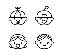Doodle Set of Kids Face Characters. Set of Children Avatars of preschool age. Children with different emotions, ethnicity, hairstyles. Linear Vector illustration