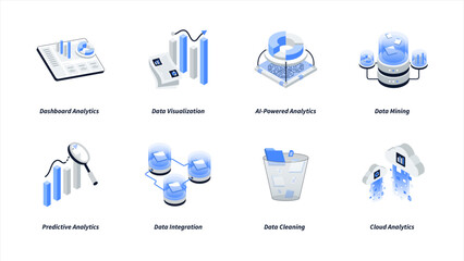 Data analytics isometric icon set. Containing Dashboard Analytics, Data Visualization, AI-Powered Analytics, Data Mining, Predictive Analytics, Data Integration, Data Cleaning and Cloud Analytics