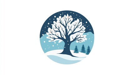 Snowy tree winter landscape circle design
