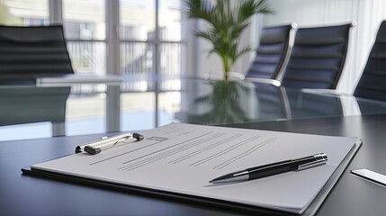 Corporate policy document on a sleek glass desk in a modern office setting, symbolizing professionalism and business clarity. Professional workplace and corporate governance concepts.