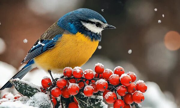 Colorful bird perches on snowy berries amidst falling snowflakes in winter wonderland.