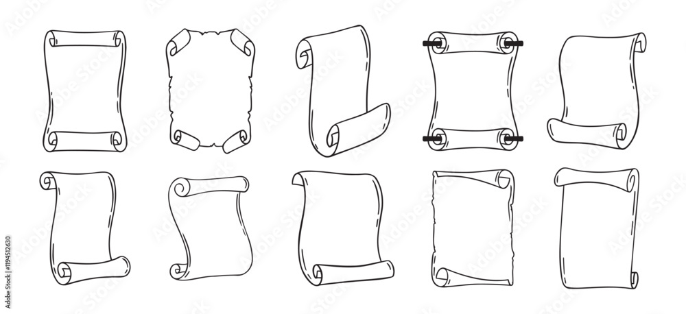 Poster ancient empty scroll doodle hand drawn, ancient medieval paper outline icon set. outline vector pape