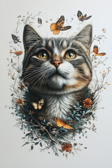 Majestic cat portrait surrounded by delicate butterflies and floral elements.
