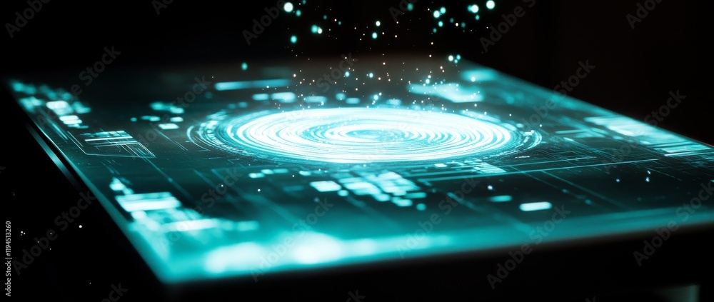 Poster digital interface displaying swirling patterns and glowing particles at night, showcasing advanced t