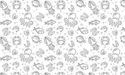 Sea Food Related Seamless Pattern and Background with Line Icons