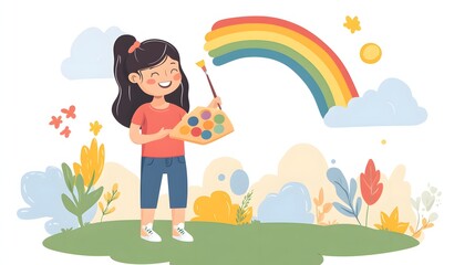 Happy Girl Painting Rainbow in Colorful Garden