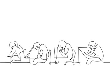 students sitting at desks in a row - one line art vector. concept exam, lesson
