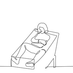 woman sitting in shopping cart hugging herself with arms - one line art vector