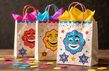 A Purim mockup of festive gift bags adorned with colorful groggers, masks, and hamantaschen illustrations