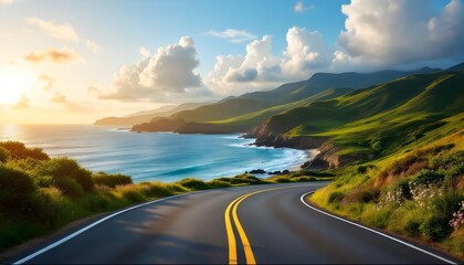 Coastal Highway Winding Through Green Hills at Sunset