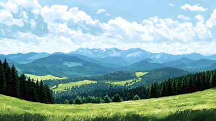 A panoramic view of the Carpathian Mountains in the landscape under a sky filled with fluffy white clouds. The green grass in the foreground is vibrant against the backdrop of the dark blue mountains 
