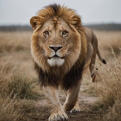 Fototapeta premium A lion walking towards the camera, white background.