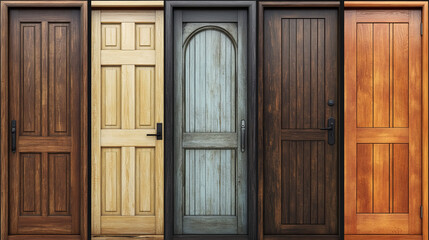 Closed wooden front doors of different colors - white and black, light and dark brown. Realistic 3d vector illustration set of entrance frame with wood texture. Home or office interior element.