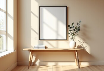Modern Interior Poster Mockup: 70x100 cm Artwork in Black Frame, Light Oak Console, Eucalyptus Decor, and Harmonious Color Palette for Stylish Homes