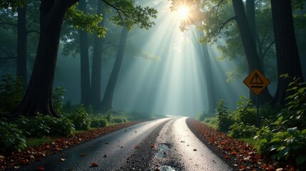 Serene forest road bathed in morning sunlight, winding path through misty woodland, caution sign marking the way